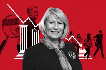 Alison Johns, departing CEO of Advance HE, with background showing crumbling university under financial pressure, Kathleen Stock and a pro-trans rights activist, and international students. Alison Johns, departing CEO of Advance HE, with background showing crumbling university under financial pressure, Kathleen Stock and a pro-trans rights activist, and international students.