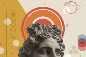 Art collage with antique sculpture of Apollo face and numbers, geometric shapes. Beauty, fashion and health theme. Science, research, discovery, technology concept. Pop art style. Zine culture.