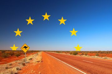 A road in the outback, Australia, with stars from the EU flag on the horizon. To illustrate Australia's desire to associate to Horizon Europe - the world’s largest research and innovation funding programme.