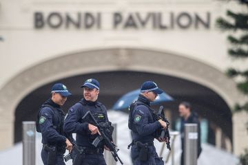 Police patrol outside Bondi Pavilion during a wreath laying ceremony attended by Israeli President Isaac Herzog for the victims of the Bondi shooting, 9 February, 2026. Police patrol outside Bondi Pavilion during a wreath laying ceremony attended by Israeli President Isaac Herzog for the victims of the Bondi shooting, 9 February, 2026.