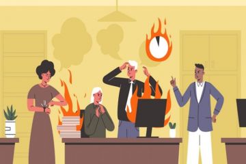 Suited figures argue while their office burns