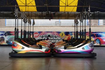 Bumper cars at a seafront fun park in Bridlington, East Riding of Yorkshire, England.