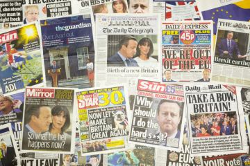 British newspaper front pages reporting Prime Minister David Cameron resigning after the EU Referendum. British newspaper front pages reporting Prime Minister David Cameron resigning after the EU Referendum.