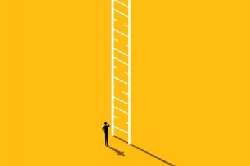 A person stands beneath a ladder whose rungs are broken, symbolising a lack of student support