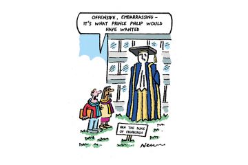 Two people stand by the Prince Philip statue. One says: 'Offensive, embarrassing – it's what Prince Philip would have wanted' Two people stand by the Prince Philip statue. One says: 'Offensive, embarrassing – it's what Prince Philip would have wanted'