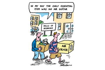 Student carrying an air fryer with father carrying more stuff Student carrying an air fryer with father carrying more stuff