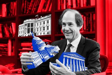 Montage of Cass Sunstein in his office at Harvard Law School, holding the Supreme Court and the Capitol building in his arms, with the White House on a bookshelf. To illustrate separation of powers. Montage of Cass Sunstein in his office at Harvard Law School, holding the Supreme Court and the Capitol building in his arms, with the White House on a bookshelf. To illustrate separation of powers.