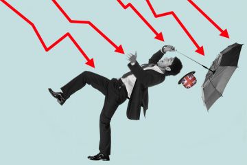 Young Chinese man in a suit being knocked over by downward economic graphs. His umbrella is inside out and Union Jack bowler hat has blown off. To illustrate that MBAs are an increasingly bad deal for Chinese students.