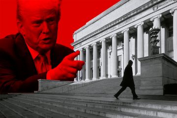 Silhouette of man passing the Columbia University Library building in New York, with Donald Trump looming and pointing finger. To illustrate institutions looking for new presidents are likely to favour candidates who can stay out of the limelight.