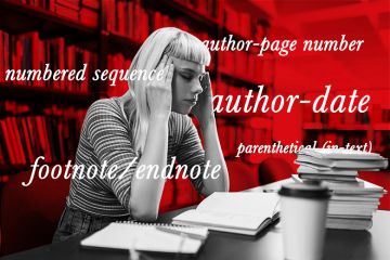 A stressed student in a library with various referencing styles in text around her.