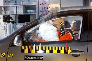 Crash test dummy in car crash with laboratory in the background. To illustrate how mid-career academic scientists can often get knocked back when applying for jobs.