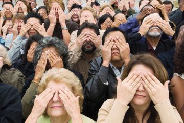 Crowd of people covering eyes Crowd of people covering eyes