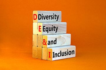 A pile of wooden bricks spelling out DEI
