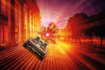 Delorian car on steps of building