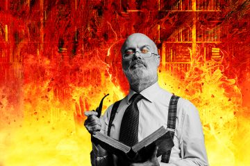 University professor with fire and devil behind him, illustrating the demonisation of liberalism that is damning US universities.