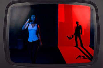 Female detective with ominous man holding microscope, on a television screen. To illustrate scientific sleuthing.