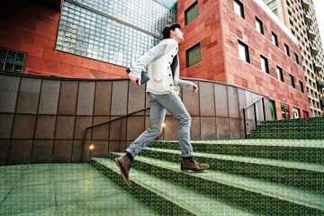 man going up steps