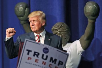 Donald Trump gestures to crowd after speaking at rally, Pennsylvania Donald Trump gestures to crowd after speaking at rally, Pennsylvania