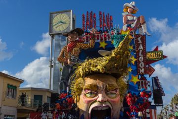 Donald Trump parody on allegorical wagon during Viareggio Carnival, Italy