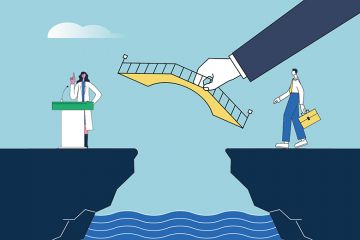 A hand places a bridge between a scientist and a manager, illustrating the role of educational developers A hand places a bridge between a scientist and a manager, illustrating the role of educational developers