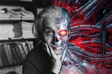 Montage of Albert Einstein with a cyborg, to illustrate Einstein AI. Montage of Albert Einstein with a cyborg, to illustrate Einstein AI.