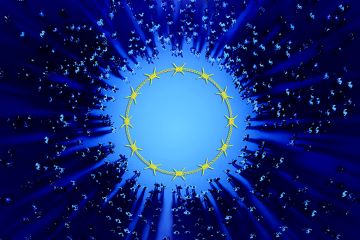 Crowd circling around the stars of the EU flag depicted as barbed wire. To illustrate whether the next Horizon Europe will be anything non-EU states want to join. Crowd circling around the stars of the EU flag depicted as barbed wire. To illustrate whether the next Horizon Europe will be anything non-EU states want to join.
