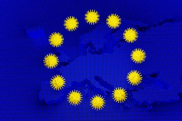 A European flag with the coronavirus replacing the stars