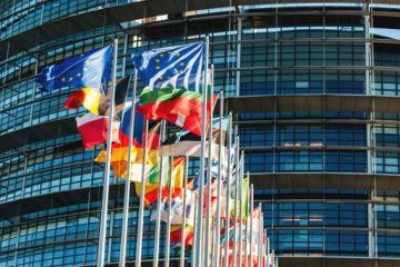 European flags outside the the European Parliament in Strasbourg, France
