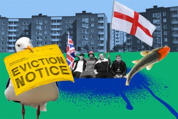 Montage showing far-right Britain First party supporters holding a Union Flag and a St George Cross sitting in a pond made from blue spray paint, while a seagull holds an eviction notice and a carp jumps from the pond. Student accommodation in background