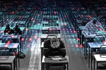 Student struggling in exam hall, with computer code overlayed on other students taking the exam. To illustrate that artificial intelligence has “blurred the line” between what constitutes academic support and what should be seen as misconduct.