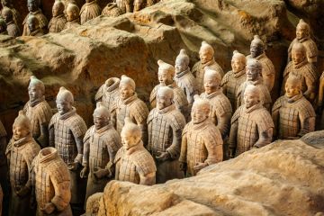 Excavated sculptures statues of the terracota army soldiers of Qin Shi Huang emperor, Xian, Shaanxi, China