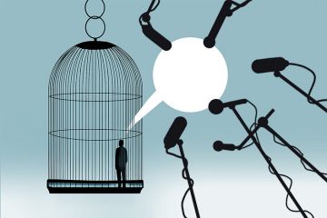 Person in a cage with speech bubble escaping the cage and being surrounded by microphones, illustrating that censoring rival arguments can end up giving them a wider audience.