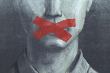 A man with tape over his mouth, symbolising free speech