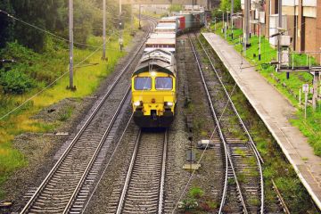 Freight train moves through the Trafford station from the port. Manchester. England. 