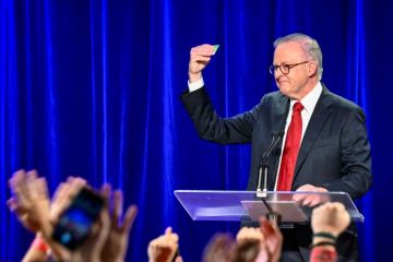 Prime Minister Anthony Albanese delivers his victory speech after winning the election on May 03, 2025 in Sydney, Australia.