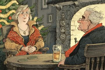 Illustration for story by John Gilbey. Peter, vice-chancellor of the University of Rural England, and Lady Mary in the White Hart pub.