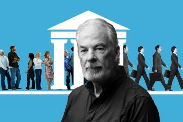 Graeme Turner, with a background showing a variety of people entering university and leaving as cloned business people. To illustrate market logic has converted universities from publicly oriented educators of citizens to workforce training institutions.