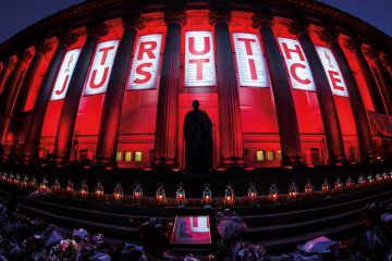 Hillsborough Truth and Justice banner, Saint George's Hall, Liverpool Hillsborough Truth and Justice banner, Saint George's Hall, Liverpool