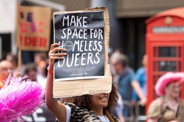Make space for homeless queers placard at Pride London 2022 Make space for homeless queers placard at Pride London 2022