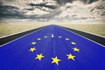 a road with the European flag on it