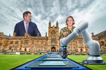 Montage of Tesla Australia CEO Robyn Denholm and Australian science minister Ed Husic speaking during a press conference, 2 December 2024, with the University of Sydney and a production line of computer chips.