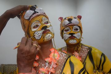 Indian dancers apply tiger face paint, as an illustration of credibility problems in India's universities. Indian dancers apply tiger face paint, as an illustration of credibility problems in India's universities.