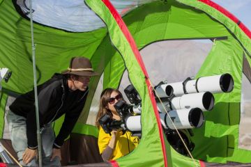 Camera arrays with special filters aim at the sun to capture the total solar eclipse. Camera arrays with special filters aim at the sun to capture the total solar eclipse.