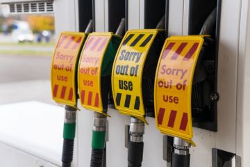 A group of petrol and diesel pumps out of use at a gas station, due to a fuel shortage.