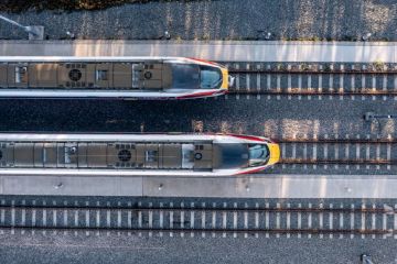 An aerial view of Hitach Azuma diesel electric fleet of high speed passenger trains at the LNER maintenance depot in Doncaster UK An aerial view of Hitach Azuma diesel electric fleet of high speed passenger trains at the LNER maintenance depot in Doncaster UK