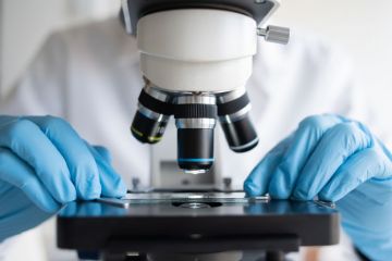 Researcher working with microscope wearing blue gloves Researcher working with microscope wearing blue gloves