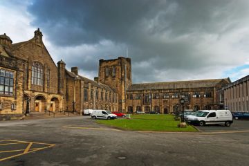 This is the outside of the main entrance to Bangor University in Wales.