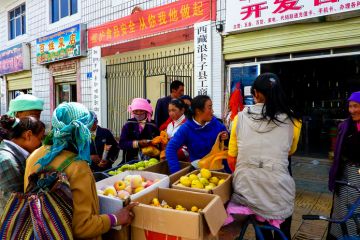  View on daily life in a city in Tibet.