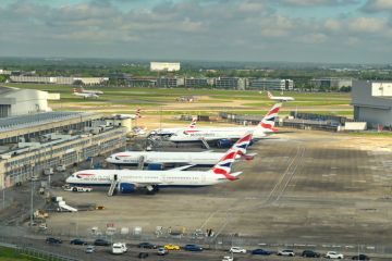 Aerial view of the British Airways maintenance area at London Heathrow airport.