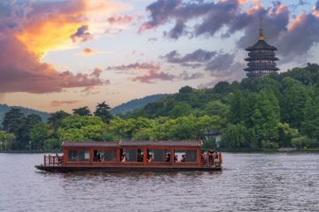 Traditional Chinese pleasure boat on Xihu Lake in Hangzhou